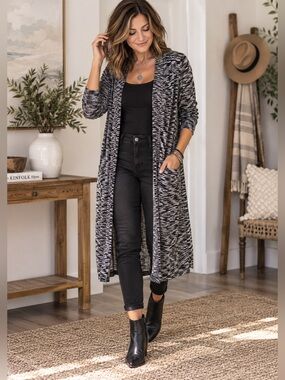 Oltre Black & White Open Front Lightweight Duster Cardigan Viscose Size Small
